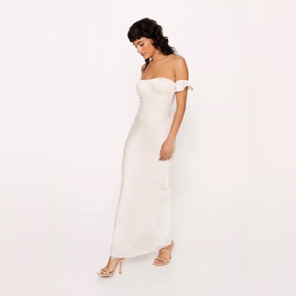 Satin Ruched Bust Bardot Maxi Dress US4 - Picture 3 of 4